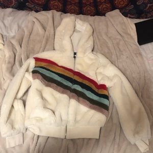 Zip up rainbow fuzzy jacket